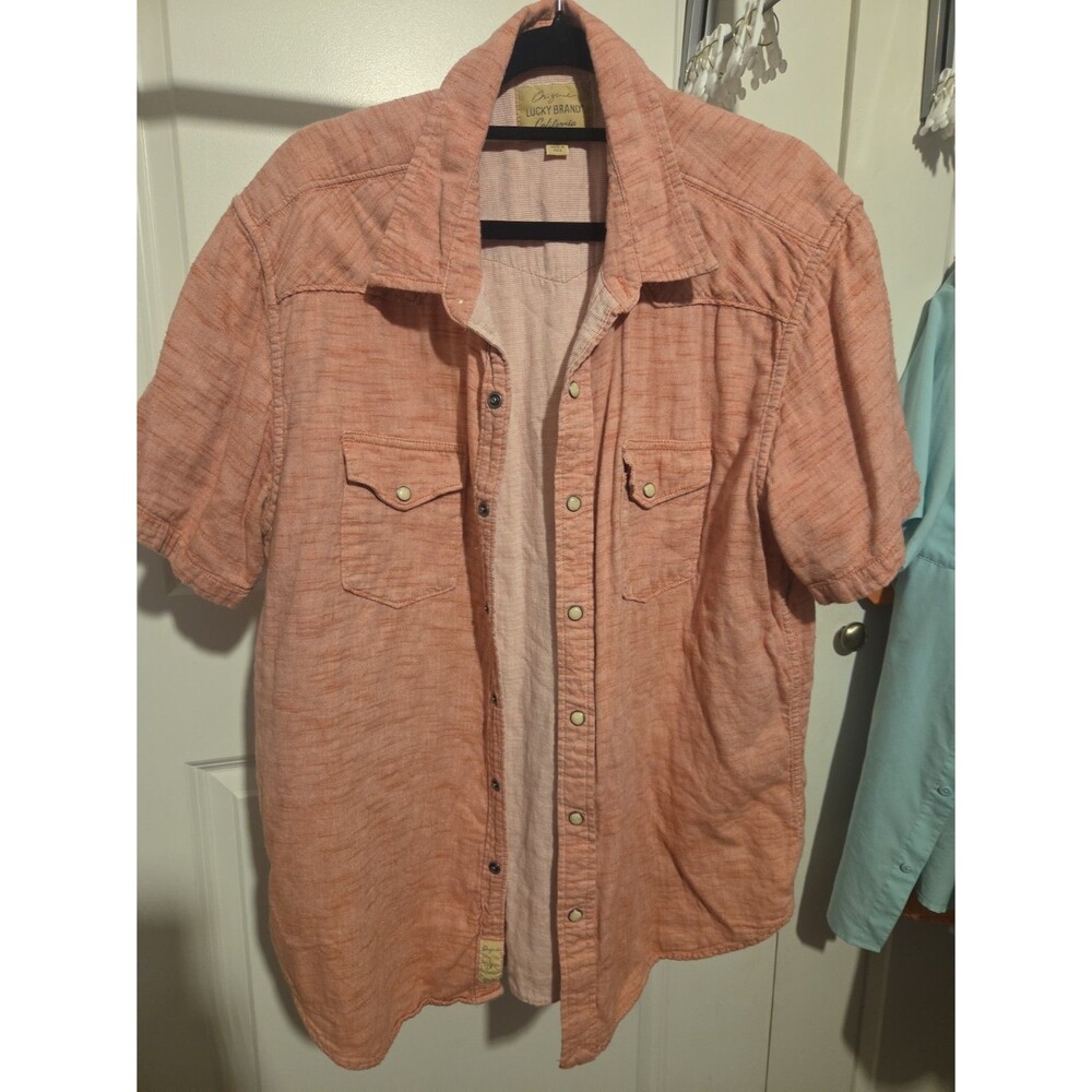 Lucky Brand Mens L Western Pearl Snap Shirt Faded Rust Orange Classic Fit